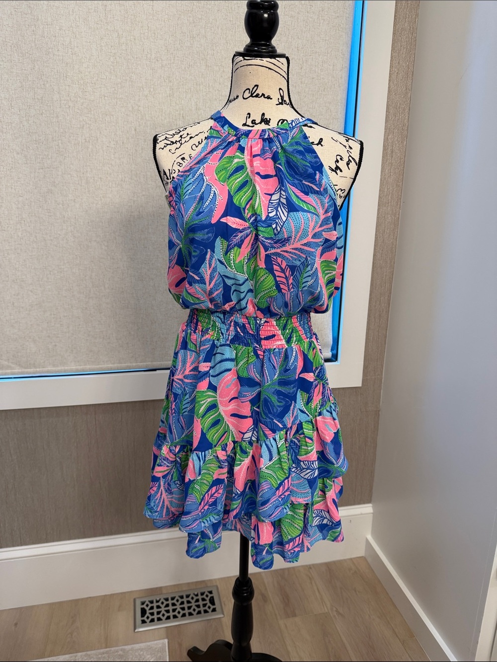 Lilly Pulitzer Blue Tropical Print Halter Dress with Pink & Green Accents